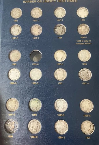 Complete set of barber dimes less 95-0 73 different dates in album