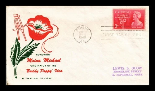 US COVER MOINA MICHAEL POPPY DAY FDC SCOTT 977 HAMILTON CACHET