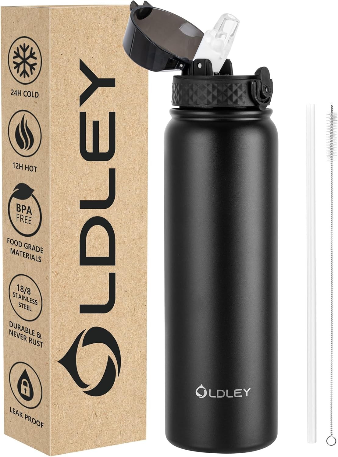 OLDLEY Stainless Steel Water Bottle with Straw 1L Vaccum Insulated Large Drink