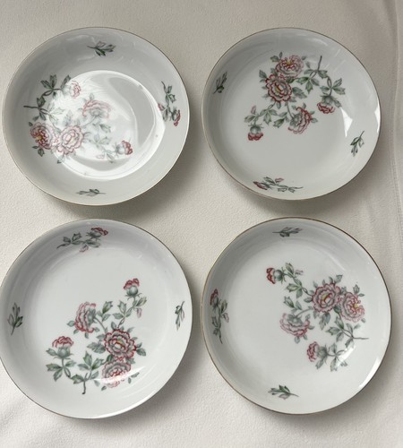  4 cuencos de sopa Aichi hechos en Japón ocupado patrón de peonía rosa gris blanco c1945 - Imagen 1 de 9