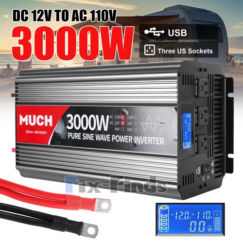 3000W Power Inverter Pure Sine Wave 12V DC to AC Converter Car Solar Home Truck