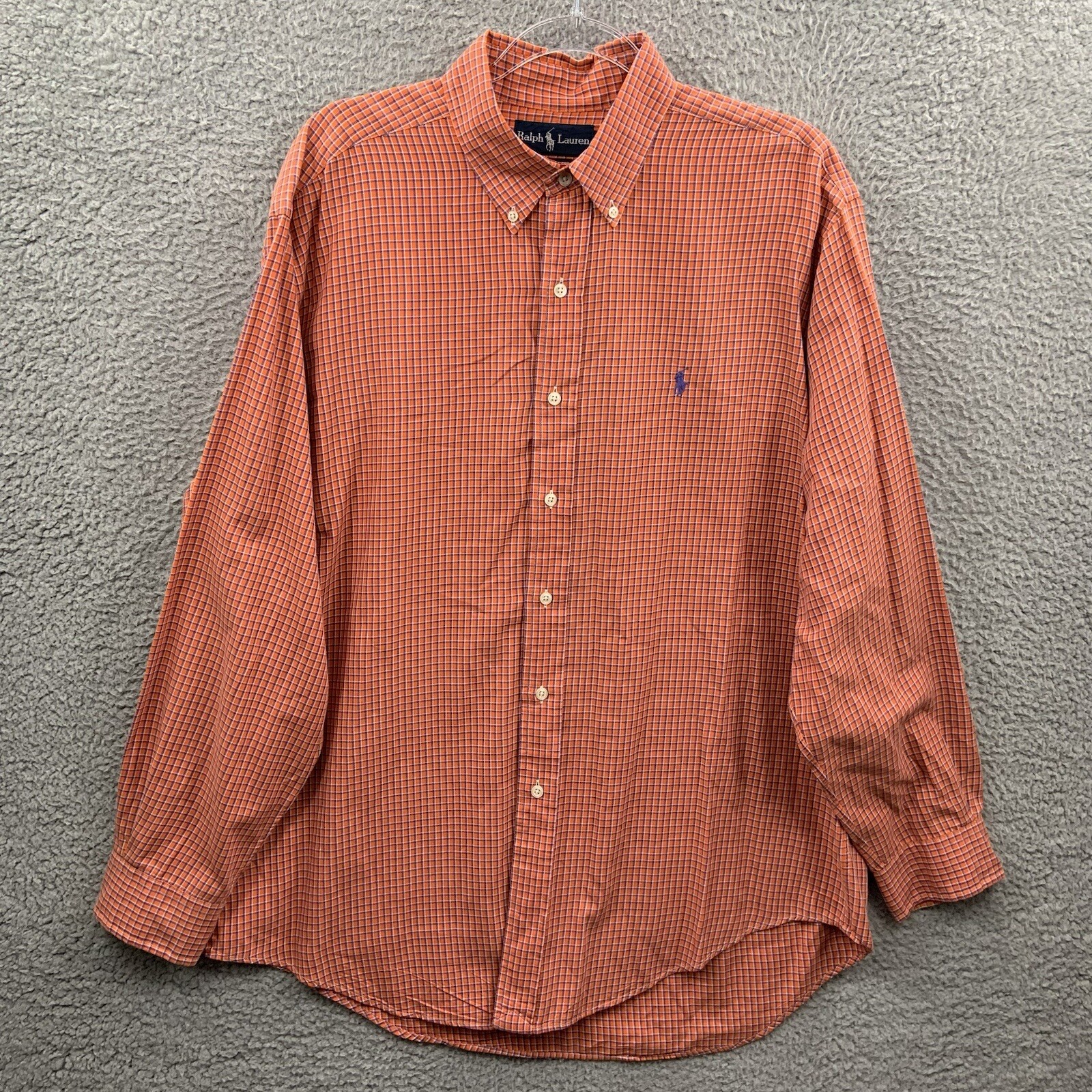 Polo Ralph Lauren Camicia Uomo Large Arancione Blu Pony a Quadri Bottone Maniche Lunghe