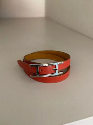 Bracelet Hermès en cuir rouge orange / Modèle Behapi double tour / Taille S - Photo 1/4
