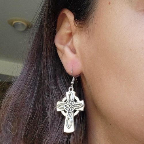 Pair of Silver Celtic Cross Drop Hook Earrings