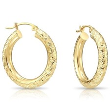 14K Solid Yellow Gold Hand Engraved Diamond-Cut Chunky Hoop Earrings 16MM-50MM