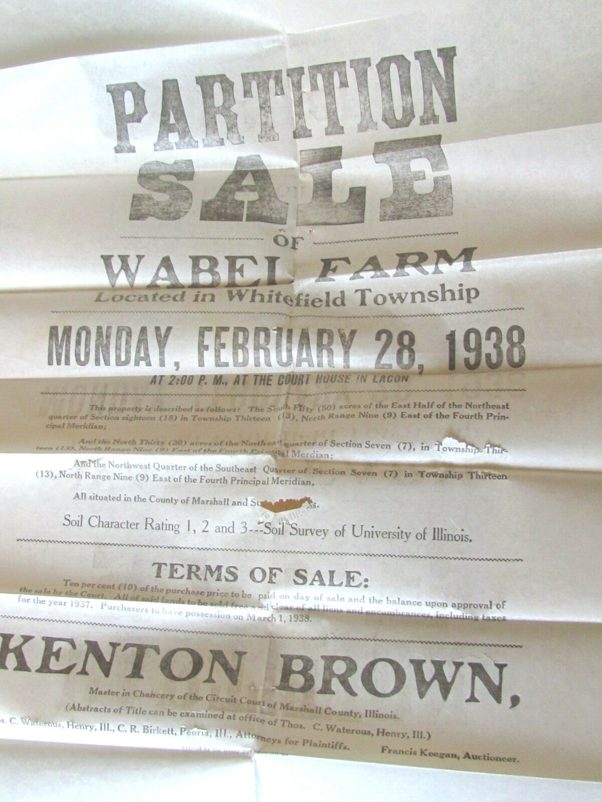 1938 SALE POSTER WABEL FARMLAND REAL ESTATE AUCTION MARSHALL COUNTY IL