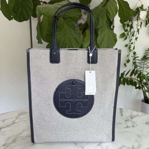 Tory Burch Ella North-South Canvas Tote Bag Natural Tory Navy 80369