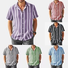 Mens Short Sleeve Lapel Summer Loose Shirt Casual Striped Basic Dress Blouse Top