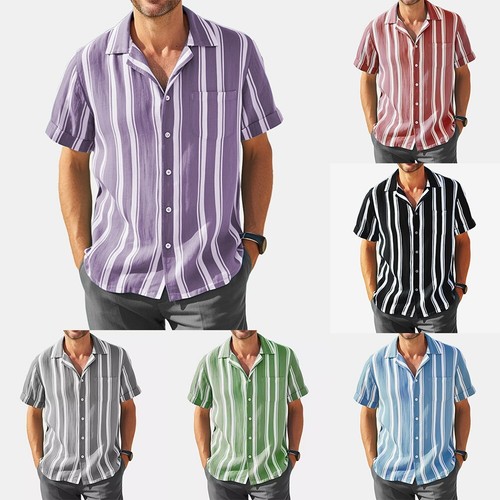 Camisa suelta informal a rayas de verano con solapa de manga corta para hombre Vestido básico Blusa Prenda para el torso - Imagen 1 de 25