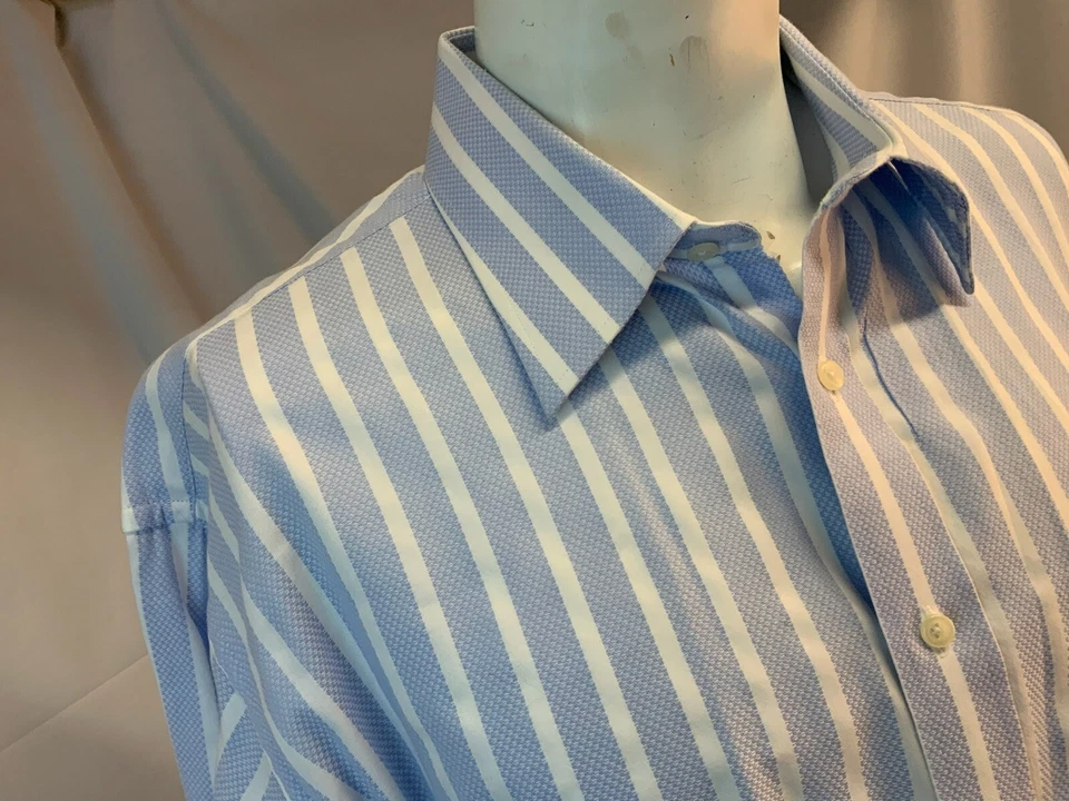 Camisa Hart Schaffner Marx 17 35 Azul Rayas Cuello Punta Usada 1x YGI L1-291 Foto 3 de 4