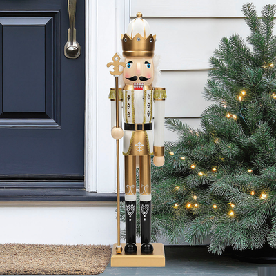 3 feet Gold Wooden Nutcracker with Scepter Holiday Decor for