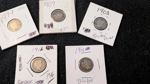 Lot Of 5 Silver  Barber Dimes 1897 1907 1908 2×1916. Great Shape.