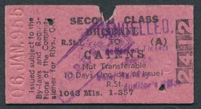 AUSTRALIA Railway Ticket Queensland 1955 2nd Brisbane - Cairns CH3278