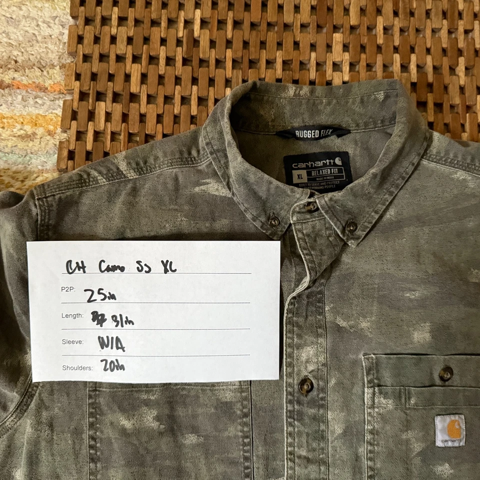 Camisa de trabajo Carhartt resistente flexible con botones verde camuflaje para hombre talla XL Foto 3 de 3