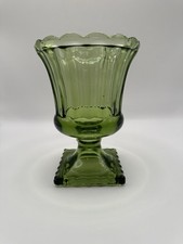Vintage Hazel Atlas Avocado Green Vase Scalloped Square Pedestal