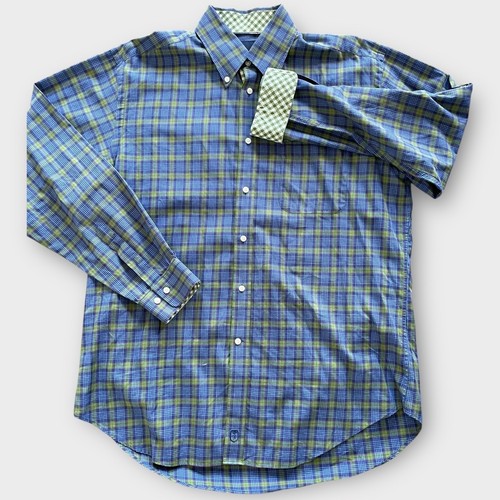Lochlane Men's Flip Cuff Plaid Button Down Shirt Blue Green Gingham Large Preppy - Picture 2 of 5