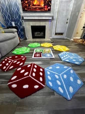 Ludo board game and dice hand-made tufted rug  -9 piece set- playable floor art