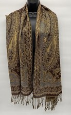 Metallic Paisley Pashmina Shawl Scarf Brown/Gold Metallic Flecks With Fringe