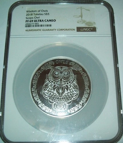 2018 Tokelau Wisdom of Owls NGC PF69 UC $5 1 Oz. Silver Coin Scops Owl 65mm