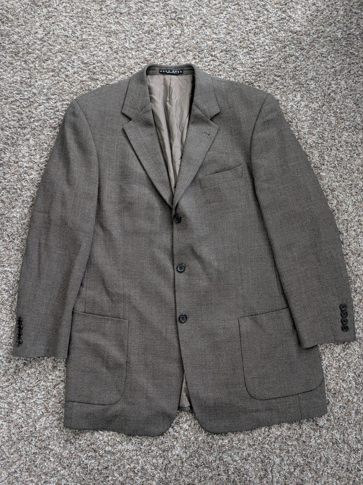 Boss Hugo Boss Blazer Jacket Coat 44L Vintage USA Wool Gray Brown Herringbone