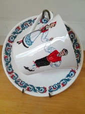 Vintage Figgjo Norway Hardanger Dancers Cup Mug & Ribbed Saucer EUC