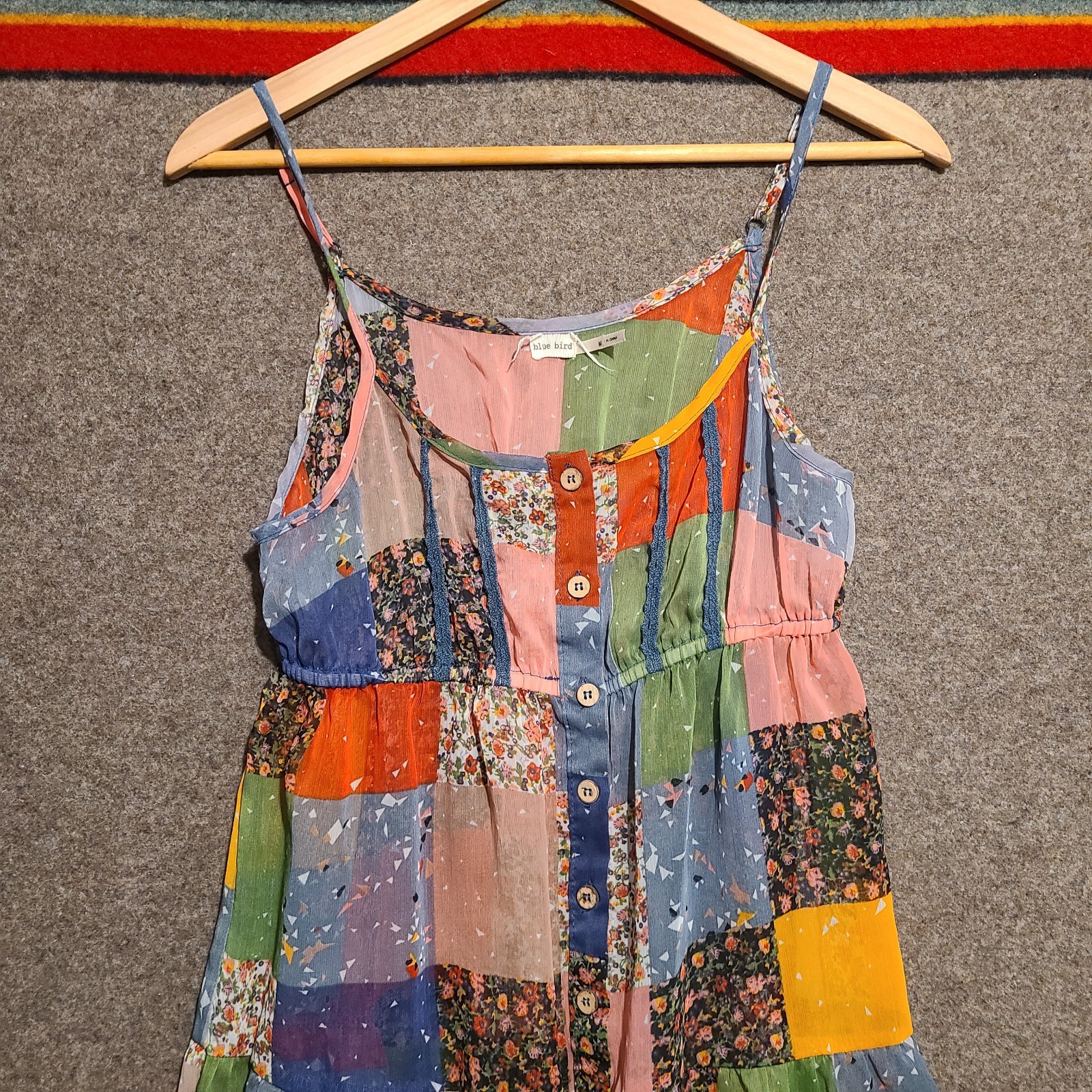 Y2k Boho Multicolor Patchwork Spaghetti Strap Dre… - image 1