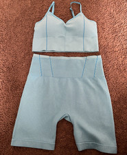 Women s Light Blue Knit 2-Piece Activewear Set Bra Biker Shorts Size S