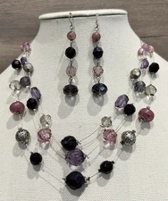 Fashion Beaded Layered 3 Strand Necklace & Earrings Set Black, Wine, & Pink