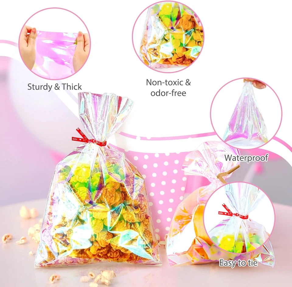 Bolsas de golosinas de celofán, bolsas de pretzel holográficas iridiscentes de 8x11 pulgadas con dos... Foto 4 de 4