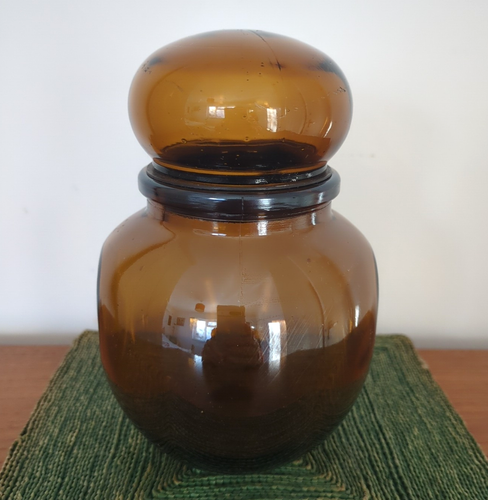 Vintage Mid Century Apothecary Brown Bubble Lid Glass Storage Jar Bottle 70s