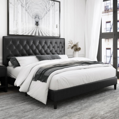 ELEGANT Platform Bed Frame Faux Leather Headboard Low Profile Upholstered QUEEN