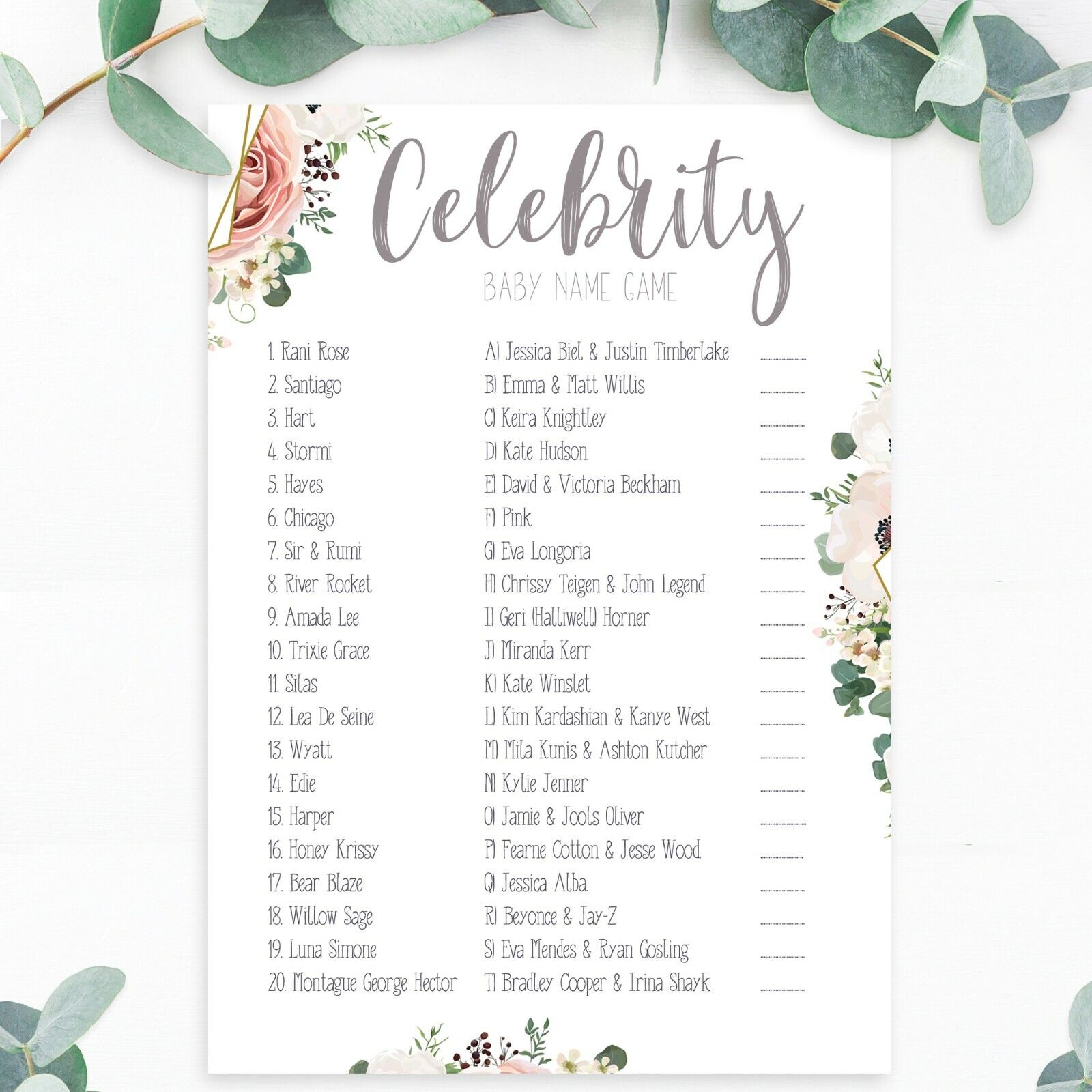 Celebrity Baby Shower Game Printable, Rustic - Press Print Party