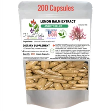 Lemon Balm Extract  – Natural Calm, Stress, Mental Clarity – 200 Veggie Caps