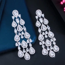 Shiny White CZ Crystal Long Drop Tassel Costume Earrings for Women Ladies Party