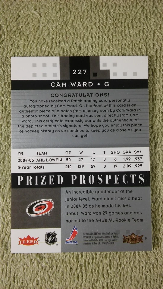 2005-06 Hot Prospects CAM WARD Rookie Rc Autograph Patch #d/349 Hurricanes - Image 2 of 2