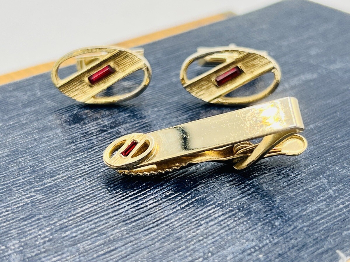 Vintage SWANK Gold Tone Red Rhinestone Signed Cufflinks Tie