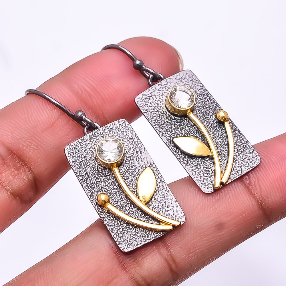 White Topaz 925 Silver Black & Gold Rhodium Plated Earring 1.56