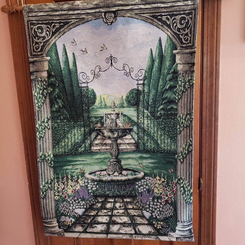 EUROPEAN GARDEN TAPESTRY BY VICKY HOWARD FOUNTAIN W/ WOODEN ROD WALL HANGING