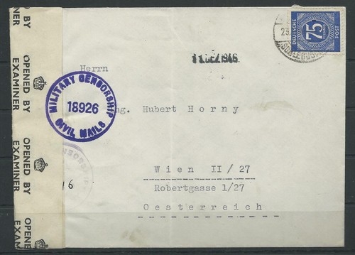 Ziffer 75 Pf. auf Zensur-Brief Leverkusen-Schlebusch nach Wien, 1946 #1056802