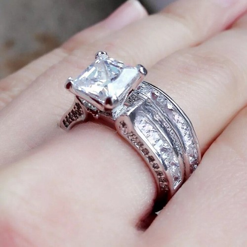4.87ct Princess D/VVS1 MOISSANITE Engagement Ring Wedding Band 14k White Gold - Picture 2 of 10