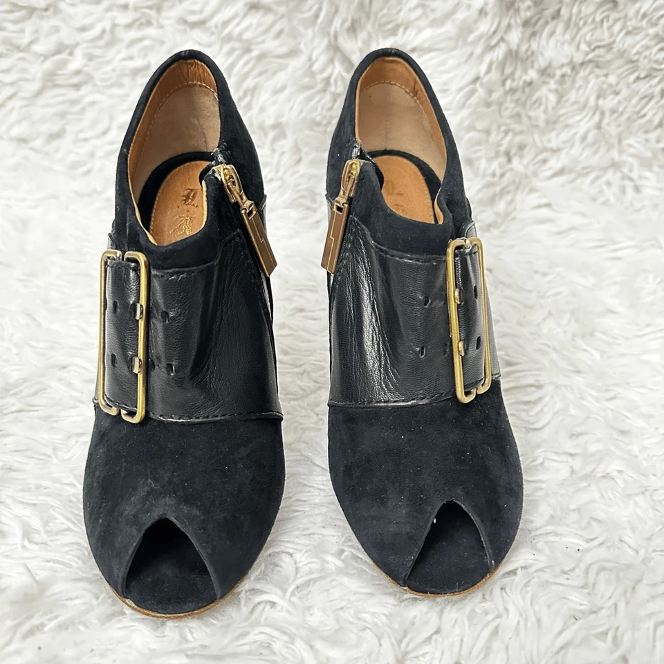 L.A.M.B. Negro Peep Toe Cuero y Gamuza Hebilla Gruesa Tacón Ultra Alto Talla 7 M Foto 3 de 4