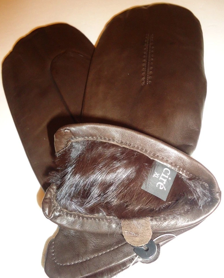 Mitones para dedos de cuero forrados de piel de conejo marrón Cire para dama, marrón Foto 4 de 4