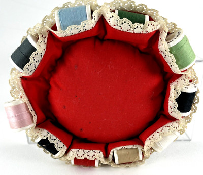 Vintage Handmade Heart Pin Cushion Fabric 10 Small Spools Of Thread 2 Sided Read
