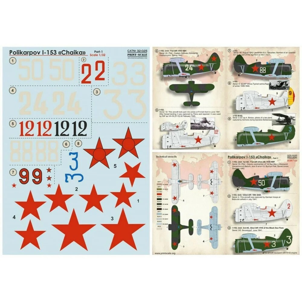 Print Scale 32-025 Decal airplane 1:32 Polikarpov I-153 Chaika Part 1 - 1,5 leaf