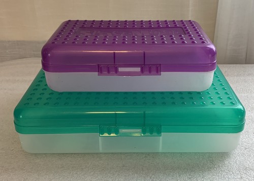 SpaceMaker Retro Plastic Pencil Boxes Green Purple Translucent Vtg 11” & 8”