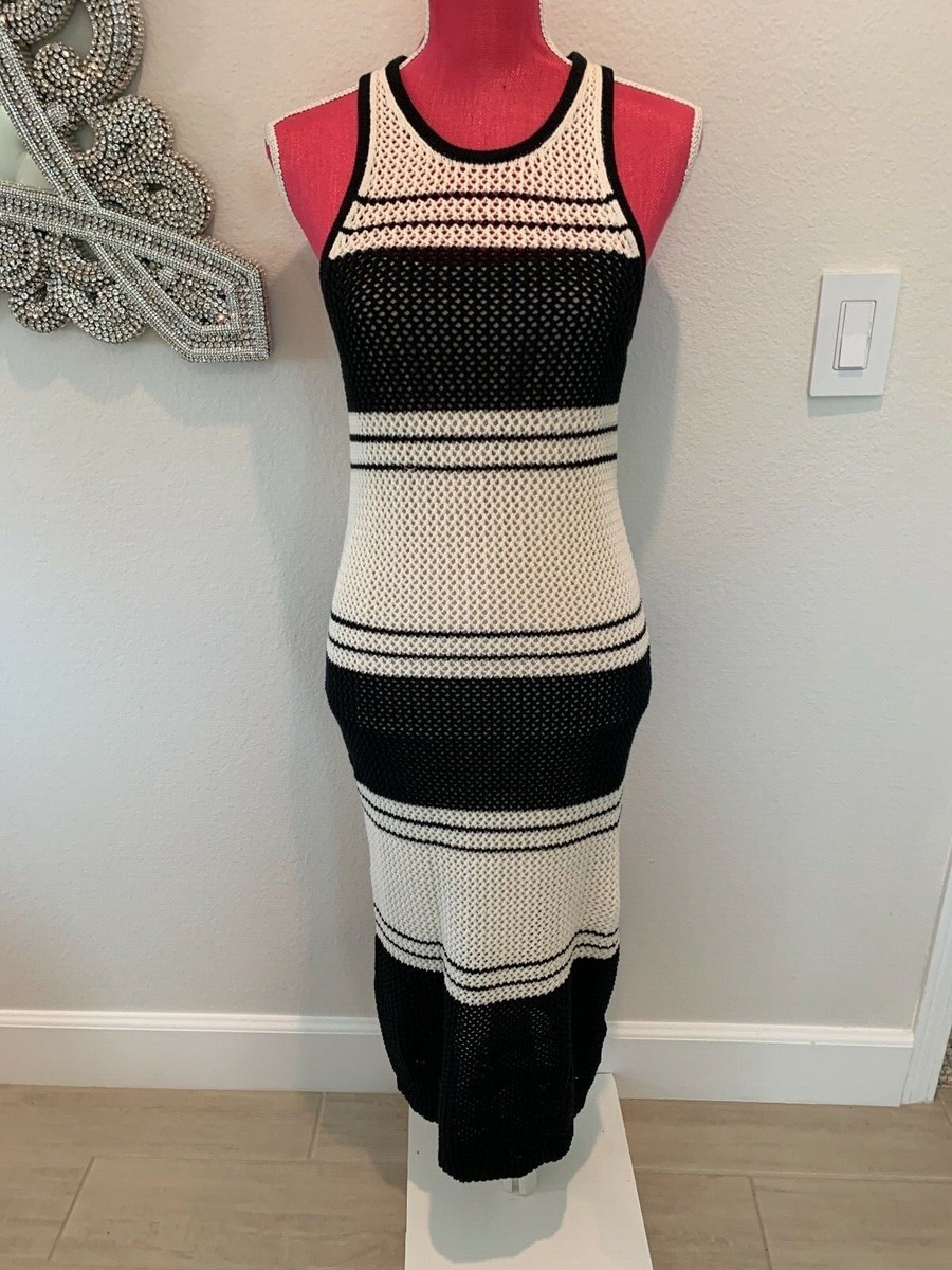 Frame Womens Open Knit Striped Midi Dress Black-Ivory S Frame Womens Open Knit Striped Midi Dress Black-Ivory S