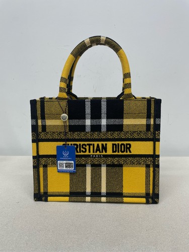 Dior Book Tote Small Yellow Black Plaid Emb Canvas Daily Carry Bag Duty Paid