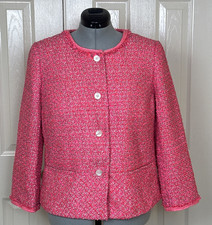 Talbots Women's Chanel Tweed Jacket Sz 14/L Fray Hem Fringe Hot Neon Pink Blazer