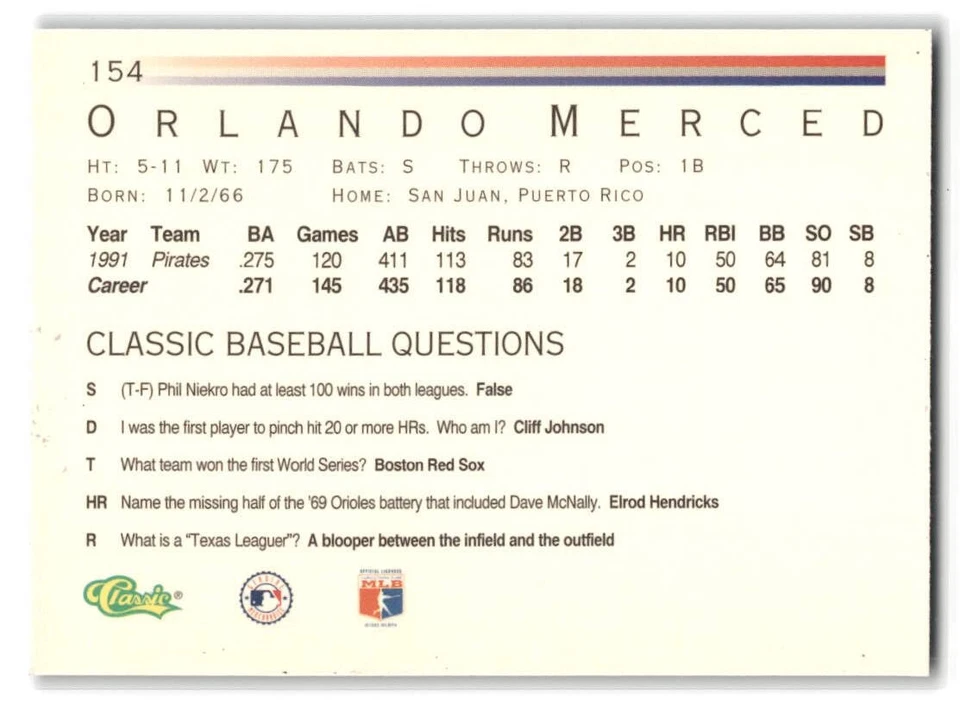 Orlando Merced 1992 Classic Baseball #154 Pittsburgh Pirates - Image 2 of 2