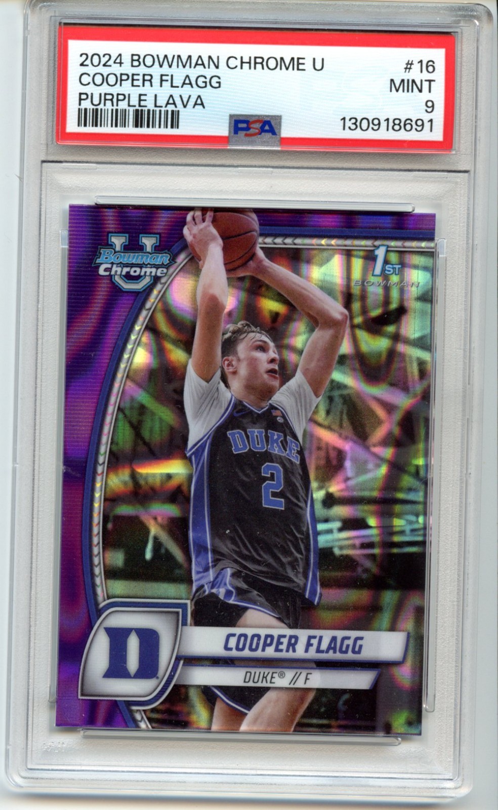 2024 BOWMAN CHROME UNIVERSITY PURPLE LAVA #16 COOPER FLAGG PSA 9 DUKE